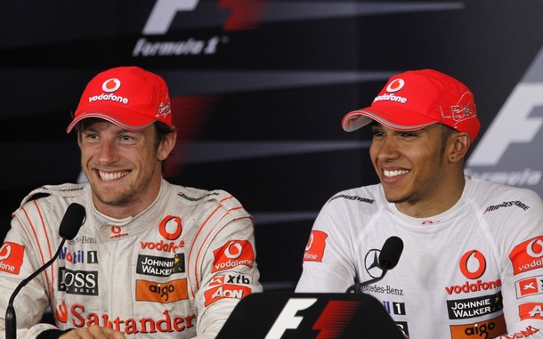 Jenson Button y Lewis Hamilton tras terminar con doblete el GP de Canadá 2010