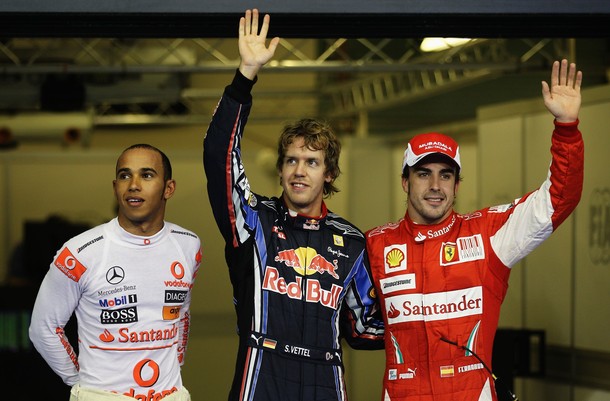 Hamilton, Vettel y Alonso tras la calificación del GP de Brasil 2010