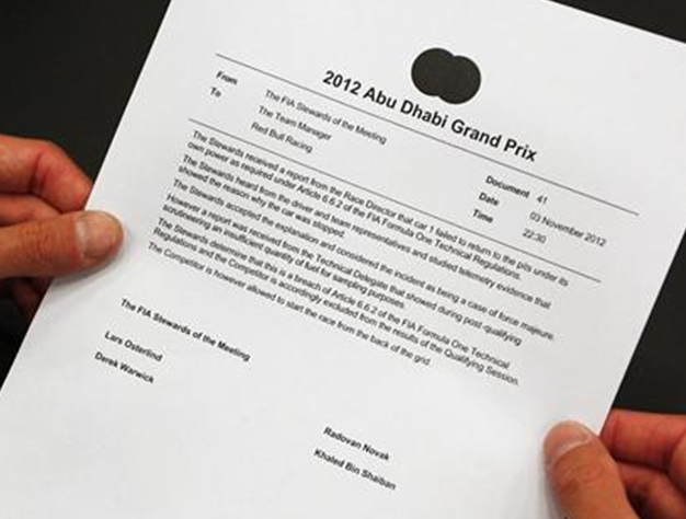 Parte de sanción de Vettel. GP Abu Dabi 2012
