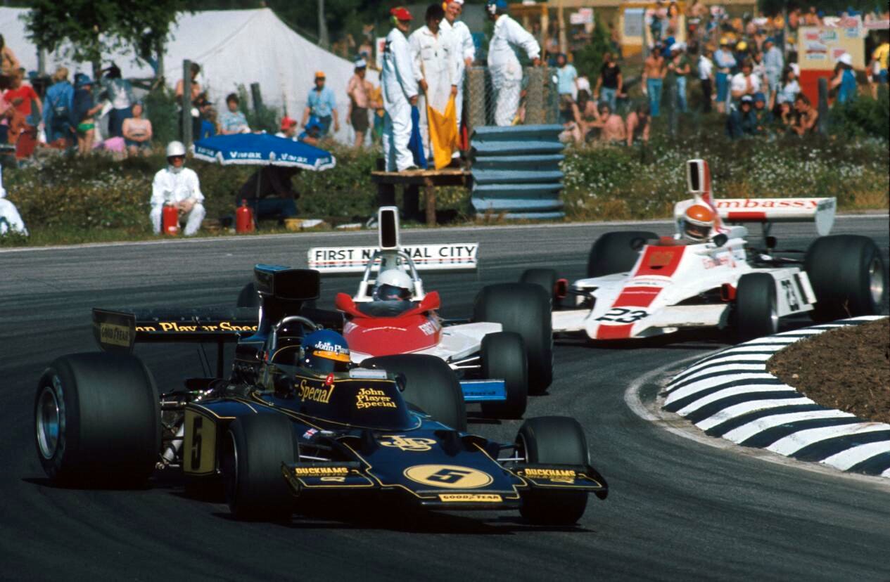 Ronnie Peterson, Mark Donohue y Tony Brise en el GP de Suecia de 1975