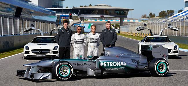 Lewis Hamilton, Nico Rosberg, Ross Brawn, Toto Wolff, Jerez 2013, W04