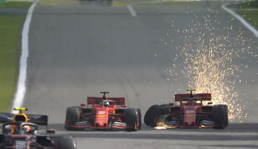 Los Ferrari chocan. GP Brasil 2019